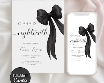 Zaproszenie na imprezę Coquette Black Bow | 18. urodziny | Możliwość dostosowania zaproszenia na imprezę | Elegancki design | Natychmiastowe pobranie | DIY Digital Black Ribbon
