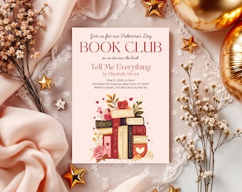 Valentine's Day Book Club Invitation, Printable Book Club Invitation, Canva Book Club Template, Instant Download, Book Party Flyer