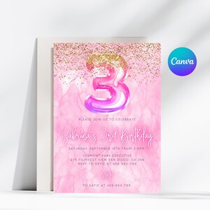 Editable Pink 3rd Birthday Invitation Template Glitter Birthday Party Invite Rainbow Foil Girl Third Birthday Instant Download Digital Canva