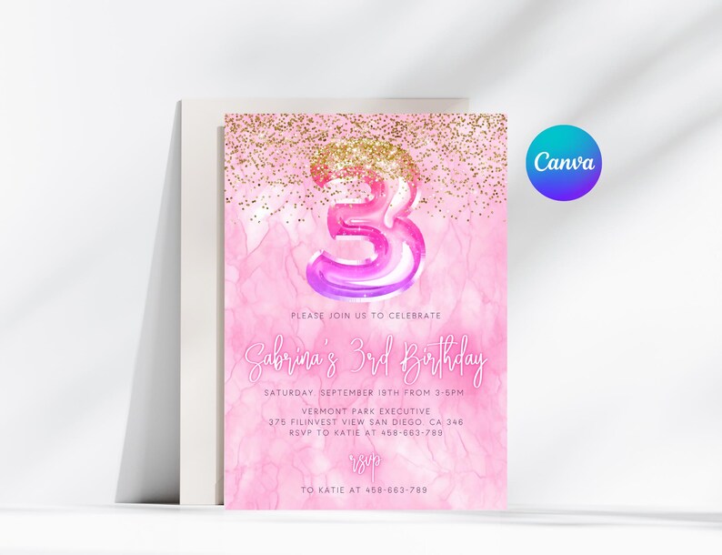 Editable Pink 3rd Birthday Invitation Template Glitter Birthday Party ...