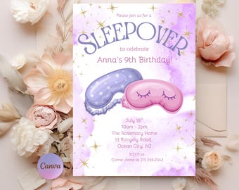 Sleepover Birthday Minimalist Invitation Set Slumber Party Invite Girl Pajama Party Glamping Tent Digital Printable Editable Download Canva