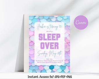 EDITABLE SLEEPOVER Invitation, Slumber Party, Pajama Party, Birthday Mermaid Invitation, Printable Invite Template, ANY age, diy