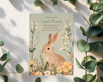 Rustic Rabbit Easter Brunch Invitation, Easter Brunch Invite, Easter Invitation, Easter Egg Hunt Invitation, Editable, Instant Download, 5x7