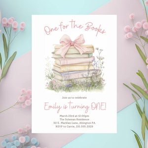 One for the books, Book Birthday Invitation, Book Themed Birthday Party, Library Theme Party Invite, Editable Instant Download