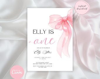 Girls Just Wanna Be ONE | Pink Bow Birthday Invitation | Editable Template | Coquette Pink Bow Birthday | 1st Birthday Girl Invite Canva
