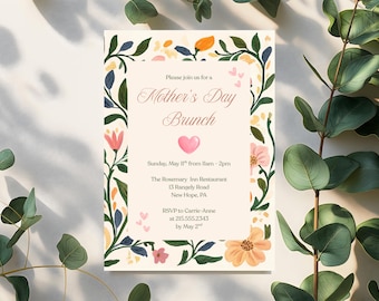 Invitación para brunch del Día de la Madre, invitación para fiesta del Día de la Madre, invitación para brunch del Día de la Madre con corazón floral y dulce amor, brunch del Día de la Madre Evite