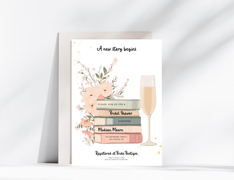 May include: Bridal shower invitation with a stack of books, a champagne flute, and floral accents. The invitation reads "A new story begins" and includes details for Madison Moore's bridal shower.