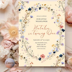 Editable Floral 1st Birthday Invite Wildflower Birthday Party Invite Template Garden Party Birthday Girl Birthday Flower Card Wildflower