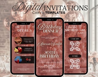 Invitación digital a cena de cumpleaños, Cena de cumpleaños, Invitación digital a fiesta de cumpleaños, Plantilla editable de Canva, Fiesta de cumpleaños con texto, Texto de Evite