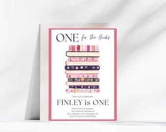 本のための1つ、本の誕生日招待状、本をテーマにした誕生日パーティー、図書館をテーマにしたパーティー招待状、編集可能な即時ダウンロード