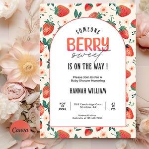 Berry Sweet Baby Shower Invitation, Strawberry Baby Shower Invite, Printed or Instant Editable Canva Template, Strawberry Baby Shower Evite