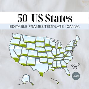 May include: A map of the 50 US states with each state outlined and filled with a landscape scene. The text "50 US States" is at the top, with "EDITABLE FRAMES TEMPLATE | CANVA" below. A Canva logo is in the bottom right corner.