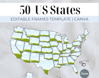 May include: A map of the 50 US states with each state outlined and filled with a landscape scene. The text "50 US States" is at the top, with "EDITABLE FRAMES TEMPLATE | CANVA" below. A Canva logo is in the bottom right corner.