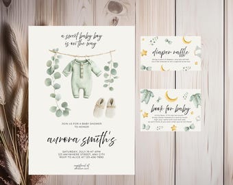 Boy Baby Shower Invitation Set Template, Diaper Sign, Book, Boho Baby Shower Invitation, Baby Clothes Shower, Template, Editable with Canva