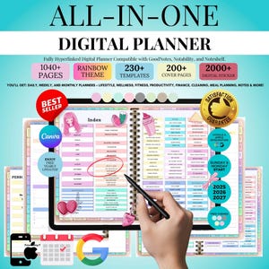 All-in-One Digital Planner 2025 2026 2027, Hyperlink Digital Planner, Daily Weekly Monthly Journal, Goodnotes Planner, Apple Google Calendar