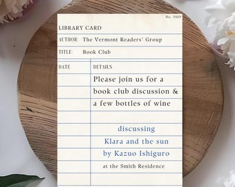 Editable BOOK CLUB Invitation Template, Vintage Library Card Invite, Editable Invite For Print, Email and Text, Instant Download Bookish