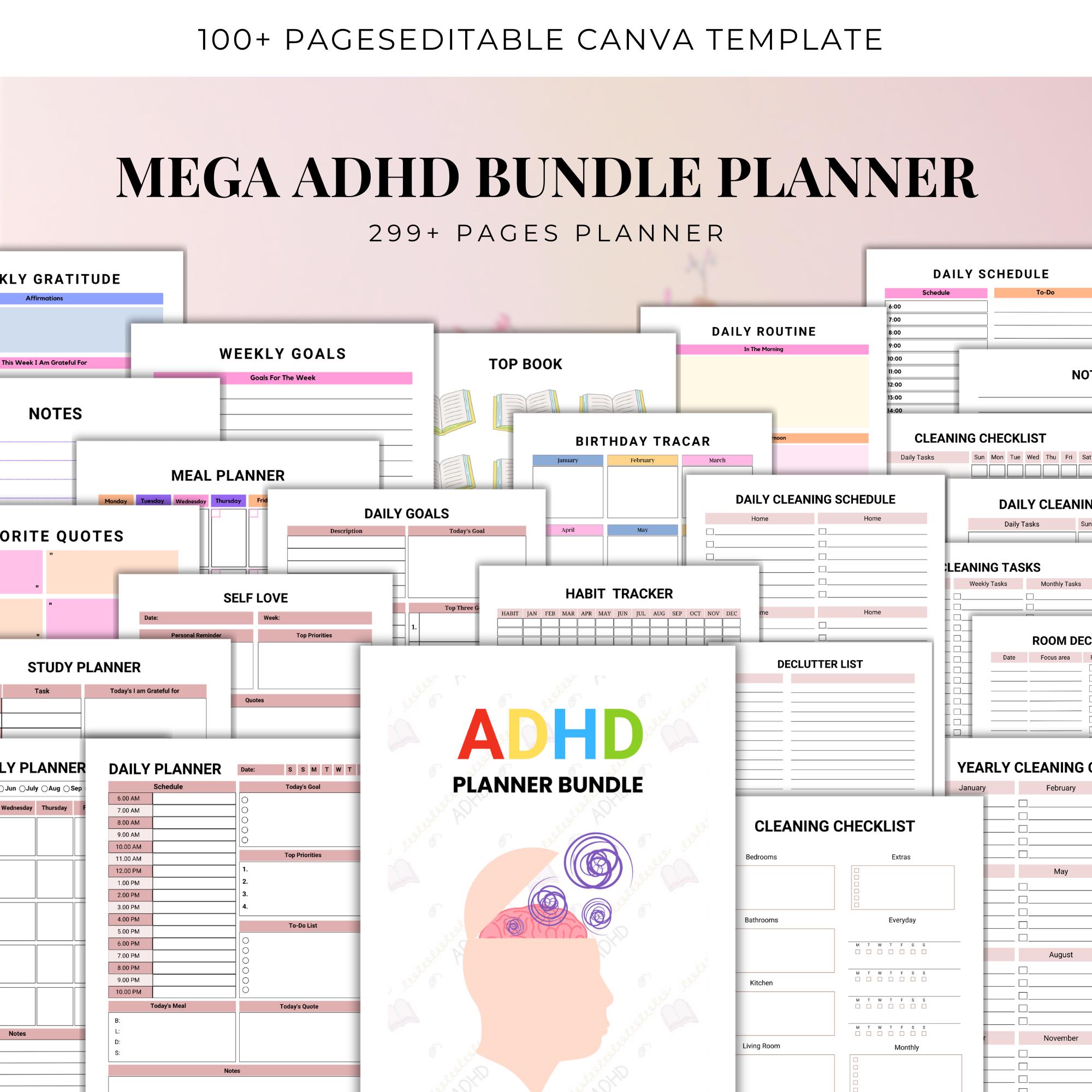 Editable ADHD Planner Bundle for Canva | Printable Life, School, Mental ...