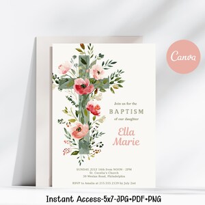 Big Floral Cross Girls Baptism Invitation Template, Pink Wildflower Baptism, Printable Baptism Invite, Baby Christening Invitation Canva