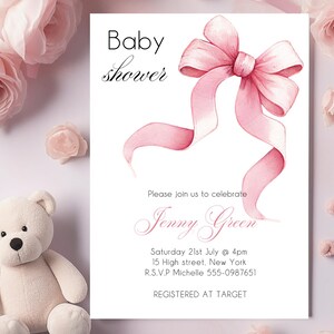 Pink Bow Baby Shower Invitation Template | Editable Digital Invite | Girl Baby Shower | Instant Download | Coquette Baby Shower | Canva