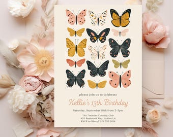 Faire-part d'anniversaire papillon Invitation papillon arc-en-ciel Papillon floral lunatique Jardin de papillons floral Téléchargement instantané fichier modifiable