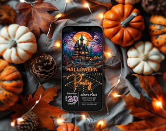 May include: A smartphone displays a Halloween party invitation with a spooky castle illustration. The phone is surrounded by pumpkins, fall leaves, pine cones, and string lights, creating a festive autumn scene.