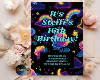 Neon Lights Birthday Invite, Lets Party invitation, Glow Party, Neon Birthday Invitation, Editable Canva Template, Any Age, Custom Text