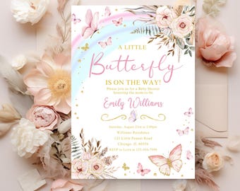 Butterfly Baby Shower Invitation, Purple Butterfly Invitation Template, Butterfly Baby Shower Invitation Girl, Butterflies and Flowers Pink