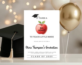 Teacher Graduation Invitation, Editable Big Heart Teach Little Minds Grad Party Invitation, Educator School Invitation Template, Teacher