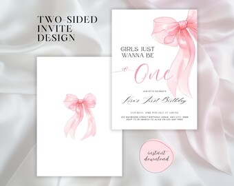 Girls Just Wanna Be ONE | Pink Bow Birthday Invitation | Editable Template | Coquette Pink Bow Birthday | 1st Birthday Girl Invite Canva