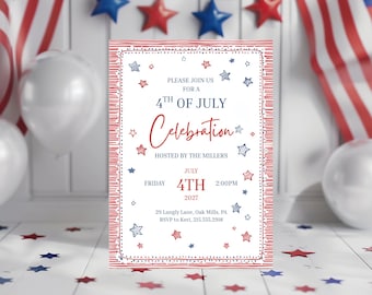 Modèle d'invitation du 4 juillet - Invitation à une célébration patriotique, conception sur toile modifiable, feux d'artifice rouge blanc et bleu imprimable, téléchargement immédiat