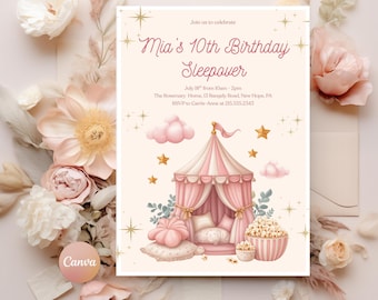 Sleepover Birthday Minimalist Invitation Set Slumber Party Invite Girl Pajama Party Glamping Tent Digital Printable Editable Download Canva