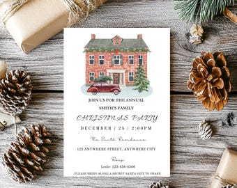 Op de afbeelding: Een uitnodiging voor een kerstfeest met een aquarel illustratie van een bakstenen huis versierd voor de feestdagen. Een vintage rode auto met een kerstboom staat ervoor. De uitnodiging bevat de tekst: "Doe mee met het jaarlijkse kerstfeest van de familie Smith."