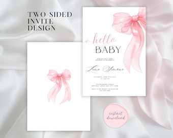 Modello di invito per baby shower con fiocco rosa / Invito digitale modificabile / Baby shower per bambine / Download immediato / Coquette Baby Shower / Canva