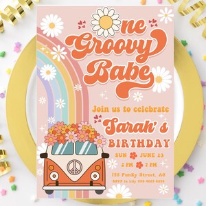 Editable Groovy One Birthday Invitation EDITABLE Daisy Rainbow Groovy 1st Birthday Invite Hippie Party Template Instant Download