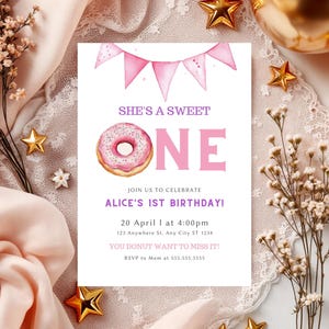 Sweet One Birthday Invitation, 1st Birthday Girl Invitation, She&#39;s a Sweet One 1st Birthday Invitation Pink Donut Birthday Invite Printable