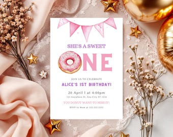 Sweet One Birthday Invitation, 1st Birthday Girl Invitation, She's a Sweet One 1st Birthday Invitation Pink Donut Birthday Invite Printable
