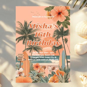 Surf Birthday Invitation Canva, Surfing Invite, Surf&#39;s Up, Surfboard theme Party, Catch the big wave, Digital Editable Template, Beach Party