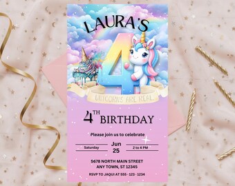 Unicorn Electronic Invitation, Unicorn Birthday Invitation, Digital Rainbow Mobile Invitation Evite, Phone Invite Girl Party, Canva Invite