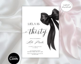 Coquette Black Bow 30th Invitation | Editable Thirtieth Birthday Party Invite | DIY Digital Black Ribbon | Cheers to Thirty Invite Canva