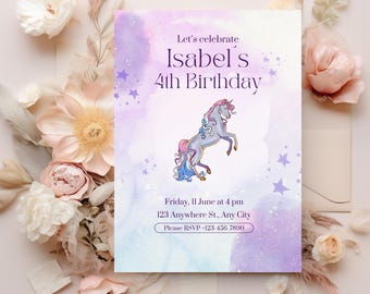 Invitación de unicornio para 4.º cumpleaños. Plantilla arcoíris editable en Canva. Invitación mágica para fiesta: descarga instantánea e imprimible.