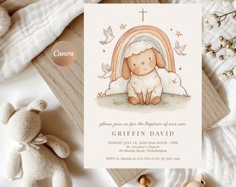 Lamb of God Girls Baptism Invitation, Girls Baptism Invitation Template, Cross Baptism, Printable Baptism Invite Baby Christening Invitation