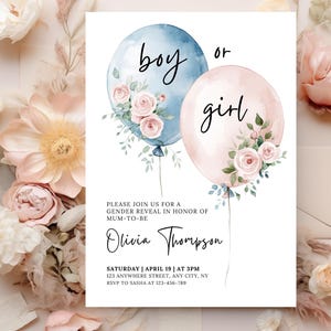 Ballon-Gender offenbaren Einladungsvorlage Jungen oder Mädchen-Rosa-Blaue Ballons Blumen-Gender Reveal laden Blumenballons-Babyparty-Einladung ein