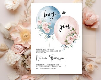 Balloon Gender Reveal Invitation Template Boy or Girl Pink Blue Balloons Floral Gender Reveal Invite Floral Balloons Baby Shower Invitation