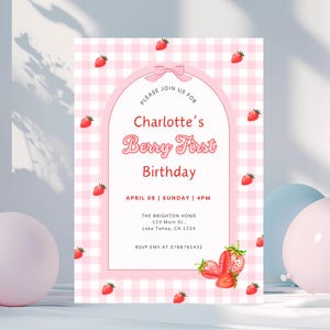 Pink Gingham Berry First Birthday Invitation Template, Berry First Birthday Invitation, Berry First Birthday Invitation Digital