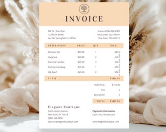 Factuursjabloon - minimalistische zakelijke factuur, sjabloon voor kleine bedrijven, moderne Boho-klantfactuur, bewerkbare sjabloon, servicefactuur