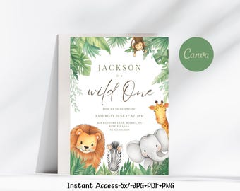 Wild One Birthday Boy Invitation, Wild One Invitation Printable, Safari Wild One Party Invite, Boy Safari Animals Invitation, Jungle Animal
