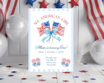 Alle amerikanischen 1. Geburtstag einladen, druckbare digitale Einladung für Vaterland-Geburtstagsfeier am 4. Juli, kleine Feuerwerkskörper-Einladung