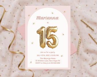 Invitación de 15 años, invitación editable para cumpleaños de niñas, invitación para fiesta de cumpleaños de adolescentes, invitación con globos rosas, descarga digital de Canva Evite