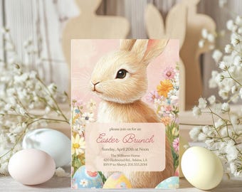 Sweet Bunny Pastel Easter Brunch Invitation, Easter Brunch Invite, Easter Invitation, Easter Egg Hunt Invitation, Editable, Instant Download