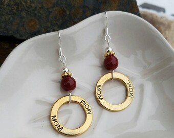 Maroon MOM Gold Hoop Earrings, MOM Gold Hoops Sterling Silver Earrings, Maroon MOM Gold Silver Hoop Earrings, Gold Hoop Earrings